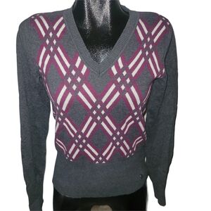 Point Zero Gray and Purple Argyle V Neck Sweater M